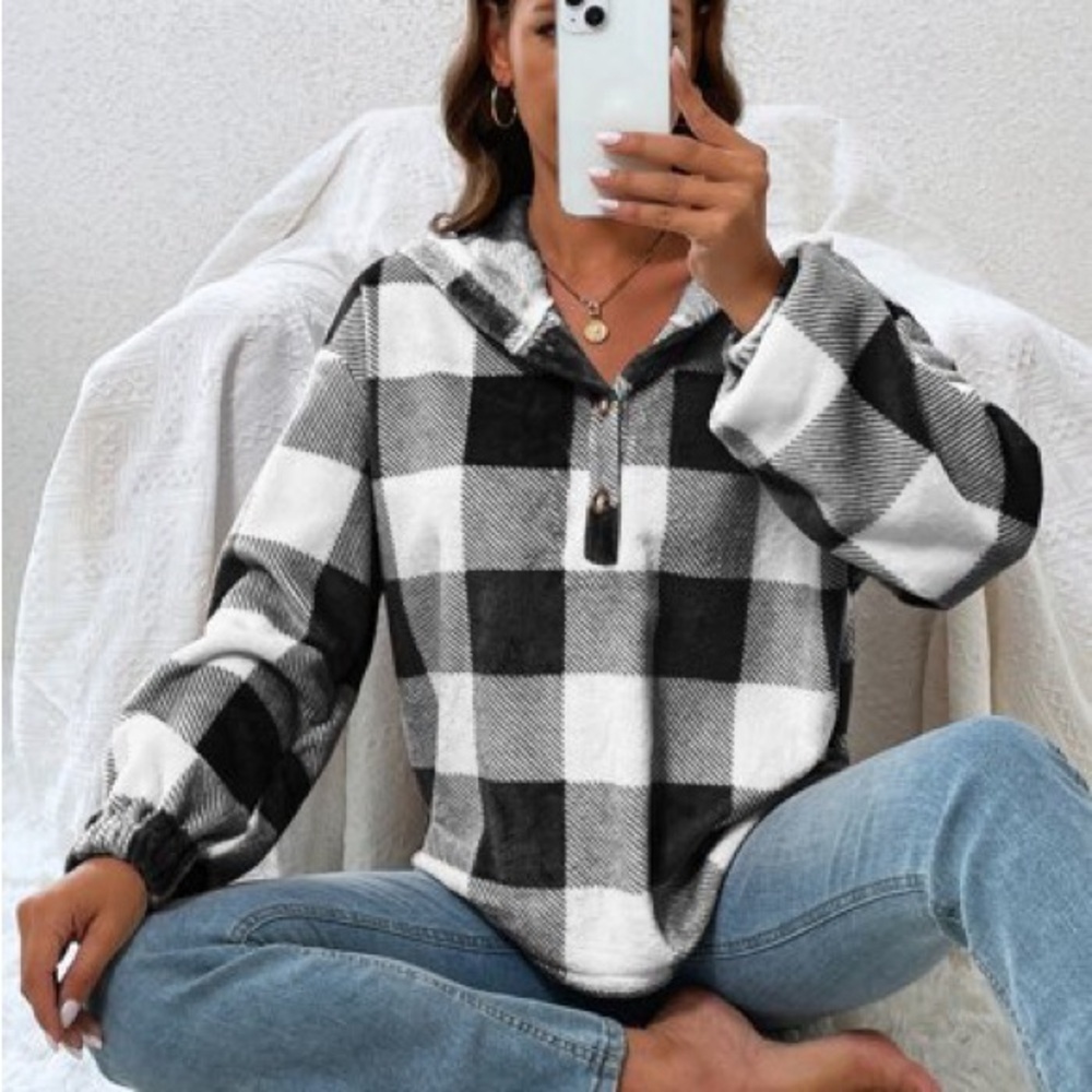 Black and White Plaid Gingham Half Button Drop Shoulder Hoodie Sweater